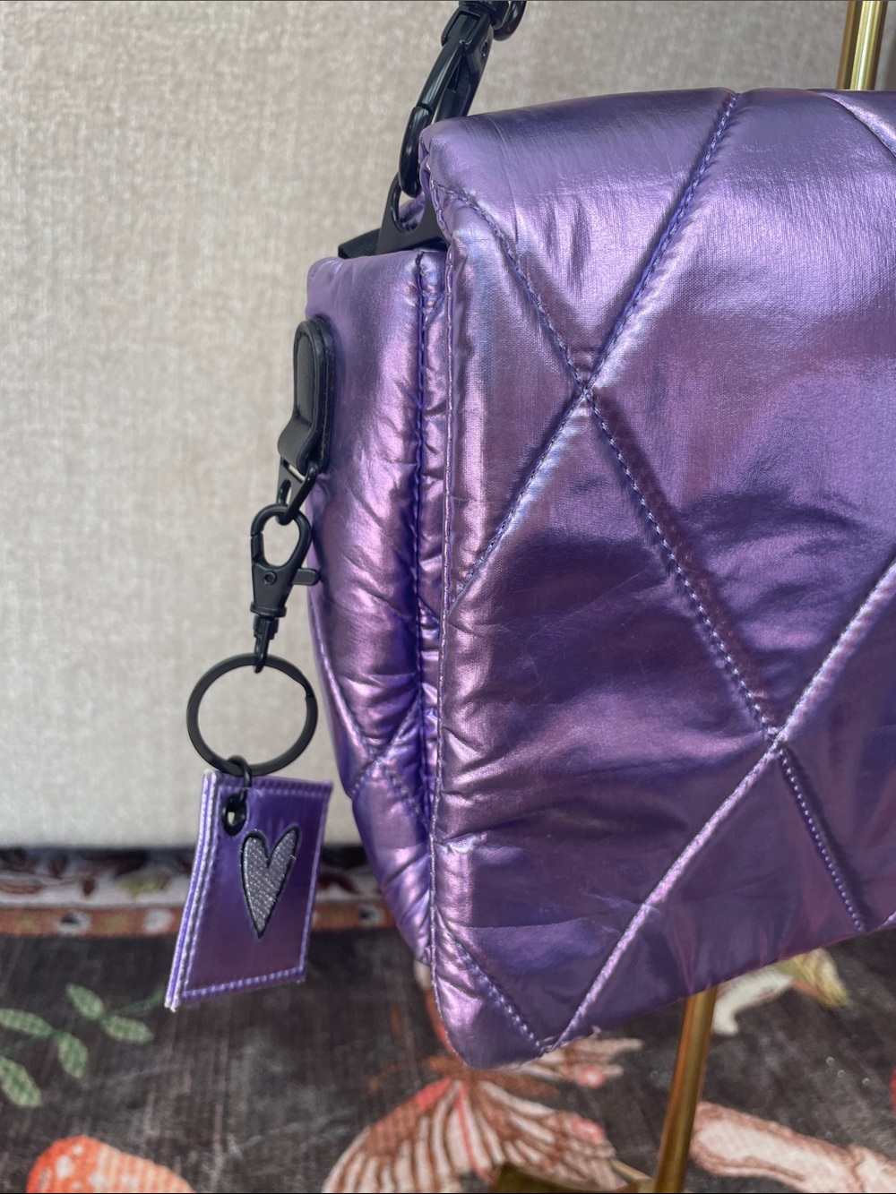 Iridescent Purple Quilted Shoulder Bag with Black Strap IHKWIP - Picture 6 of 16